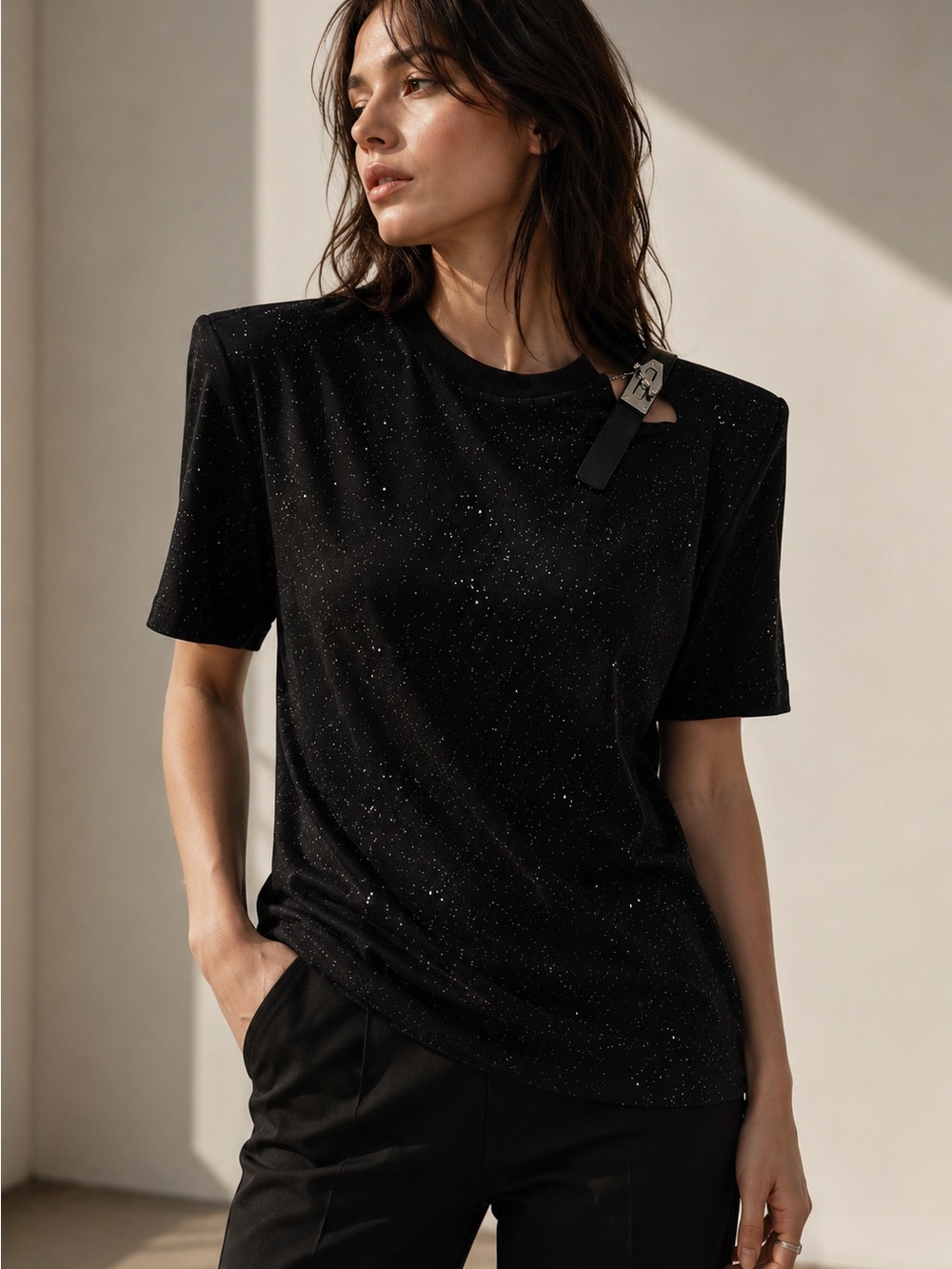 Women’s Black Galaxy Speckled Shoulder Pad T-Shirt Cutout Buckle Accent Top Sz S